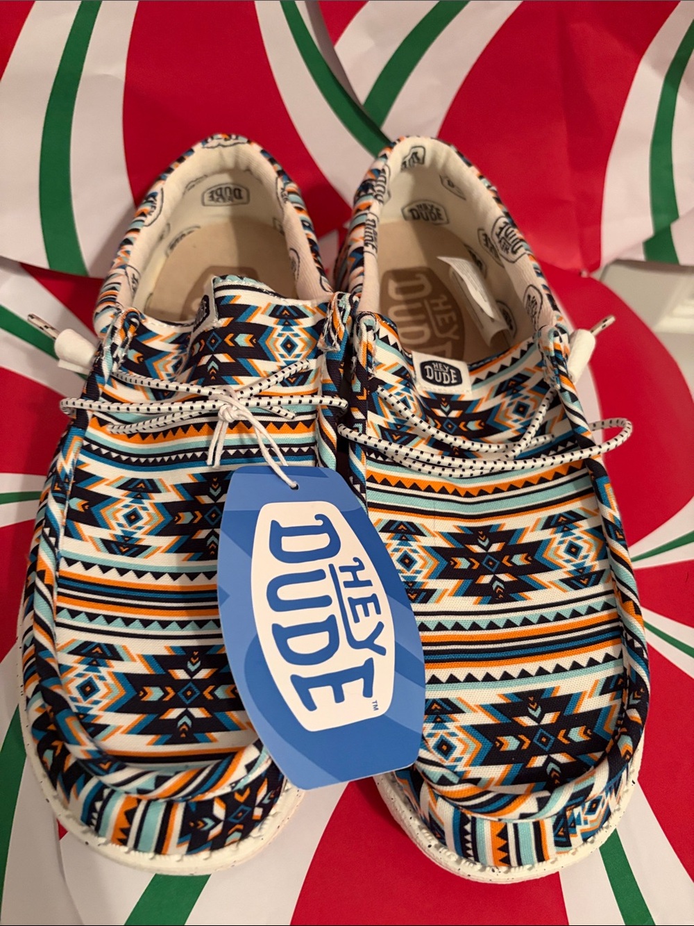 Hey Dude Kids Slip-On Sneakers in Blue, Orange, Black and White Aztec Print